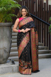 Alankar Intense Black Jamewar Kashmiri Soft Modal Silk Saree